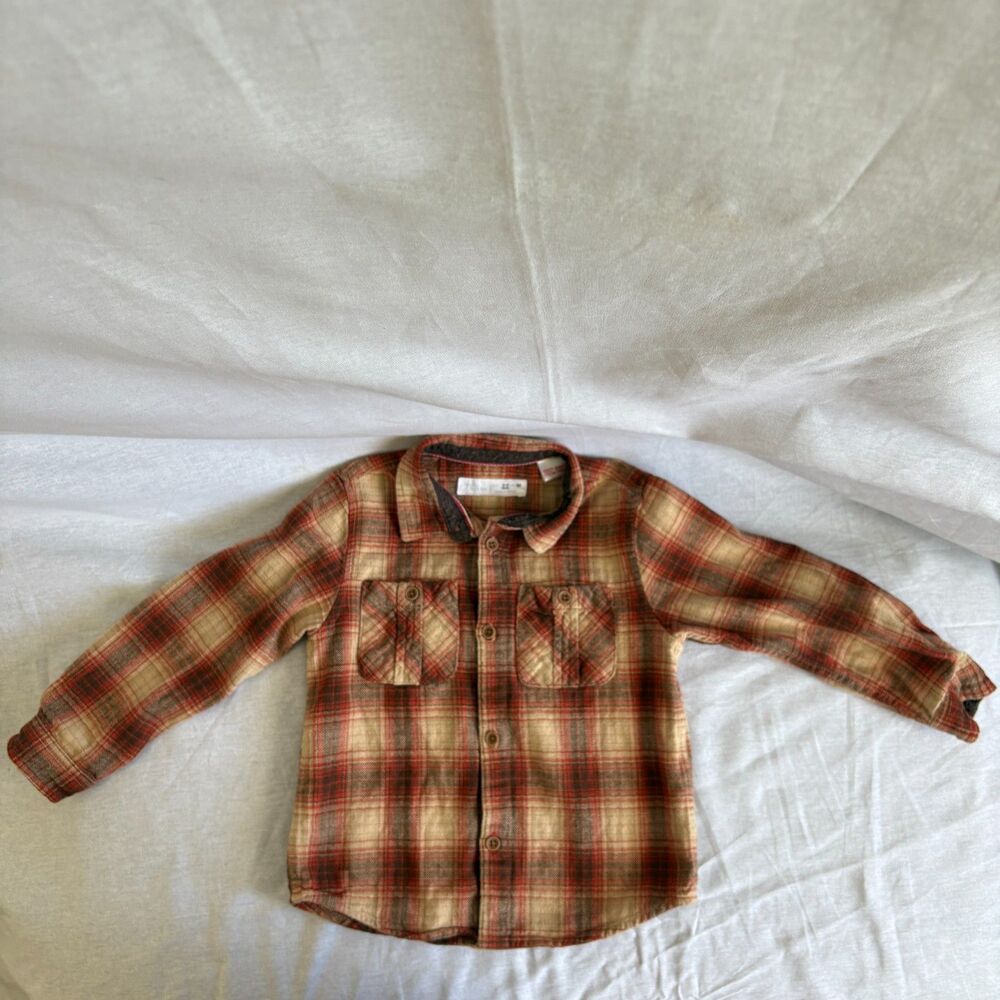 Zara Kids 2-3Y Plaid Flannel Shirt Rust Brown Cotton Fall